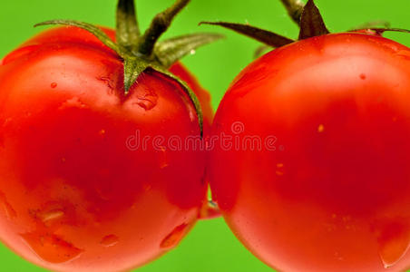 两个樱桃西红柿在茎上