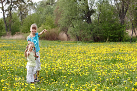 孩子们带着花在田野里。