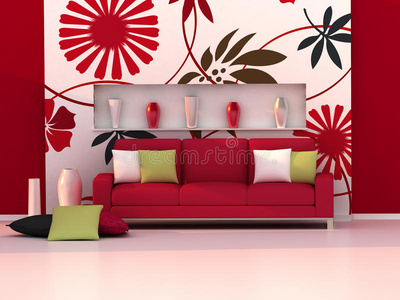 现代客房内部，花墙，红色沙发
