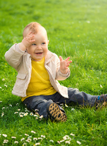 小男孩坐在绿草地上