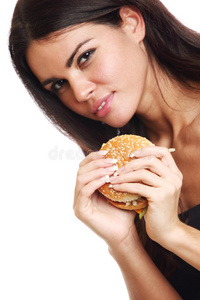 女人吃汉堡
