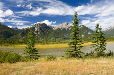 加拿大风景。落基山脉和多云的天空