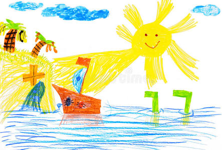 船和海。儿童绘画。