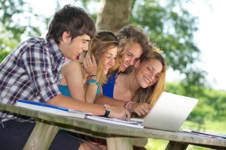 一群年轻学生在户外使用笔记本电脑
