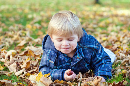 秋天公园里的小男孩