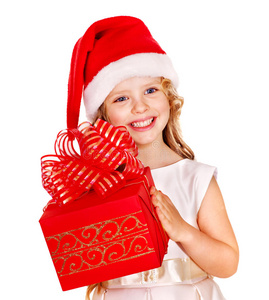 戴着圣诞帽，带着礼品盒的孩子。