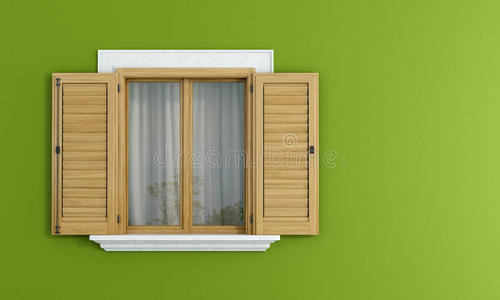绿墙上的木窗