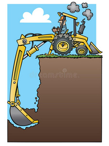 挖掘深坑的反铲拖拉机