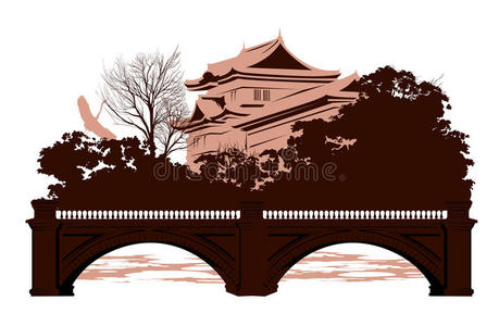 有日本房子和桥的明信片