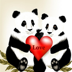 一对可爱的卡通熊猫抱着大红心图片
