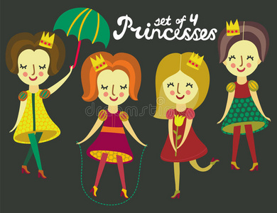 一套4个可爱的彩色公主
