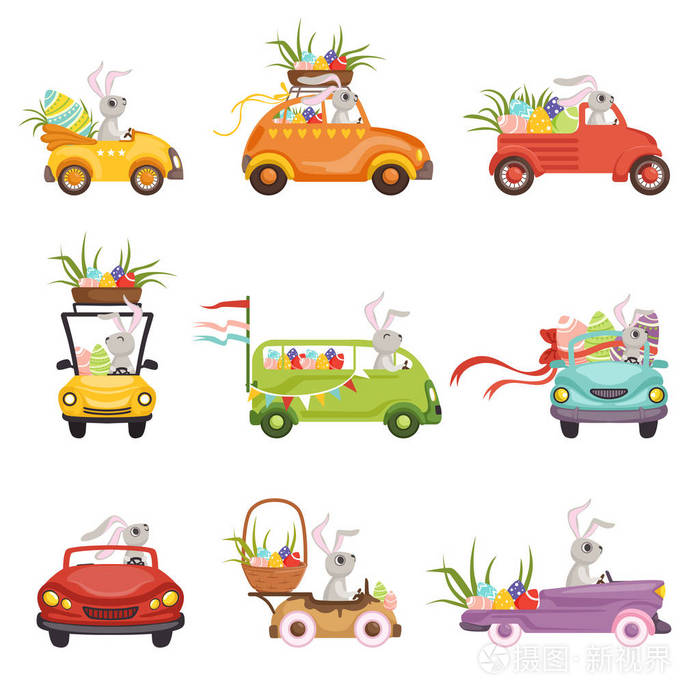 可爱的小兔子驾驶老式的汽车装饰与彩色鸡蛋设置 滑稽的兔子字符