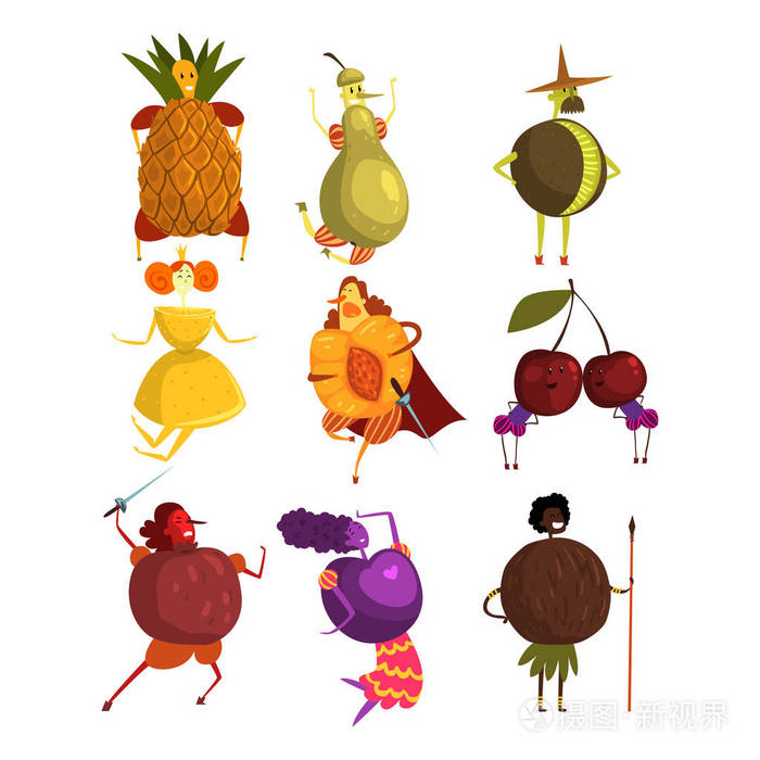 滑稽的水果卡通人物字符集, 人们在水果服饰矢量插图插画-正版商用