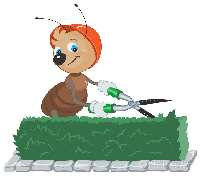 蚂蚁园丁削减布什.园丁用剪刀剪树叶