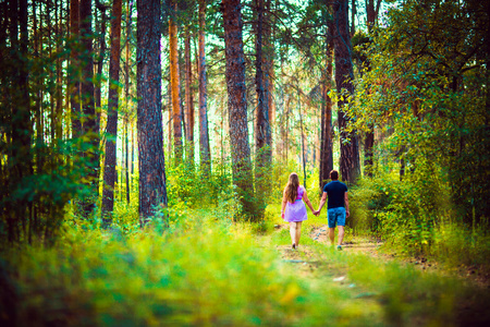 浪漫的年轻夫妇去和牵手的背景夏季森林