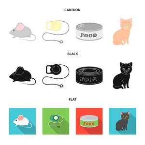 鼠标, 宠物皮带, 宠物食品, 小猫。猫集合图标在卡通, 黑色, 平面矢量符号股票插画网站