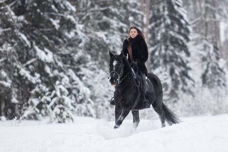 冬天森林里骑着黑马穿过雪地的女孩背景