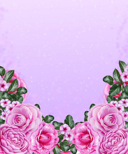 花卉的背景。柔和的粉红颜色。微妙的粉红色玫瑰，深红色的小花，组成叶。贺卡 邀请 旧样式