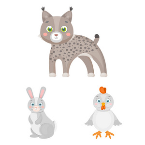 玩具动物卡通图标集合中的设计。鸟, 捕食者和草食动物矢量符号股票 web 插图