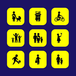 人向量图标集合。母亲, 儿童, 儿童和儿童骑自行车