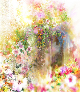抽象的七彩花朵水彩画。在五彩斑斓的春天