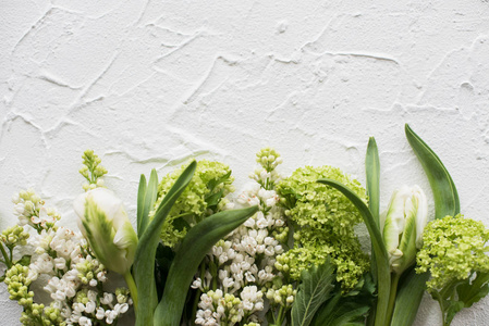 白色纹理背景与新鲜的春天的花朵
