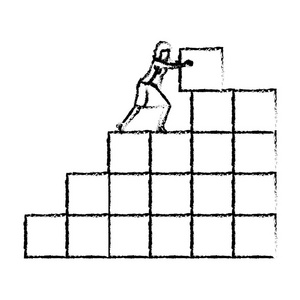 女实业家推积木结构的砖剪影模糊单色