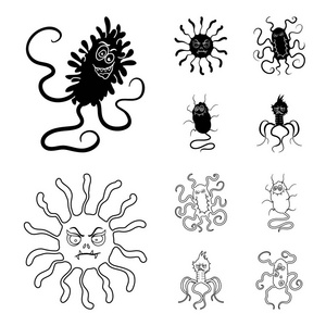 不同类型的微生物和病毒。病毒和细菌集合图标在黑色, 轮廓样式矢量符号股票插画网站