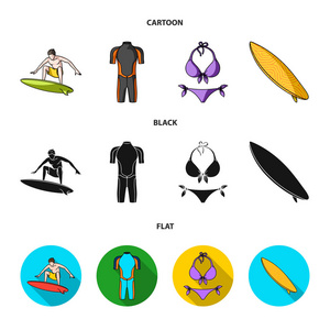 冲浪, 潜水衣, 比基尼, 冲浪板。冲浪集图标在卡通, 黑色, 平面式矢量符号股票插画网站