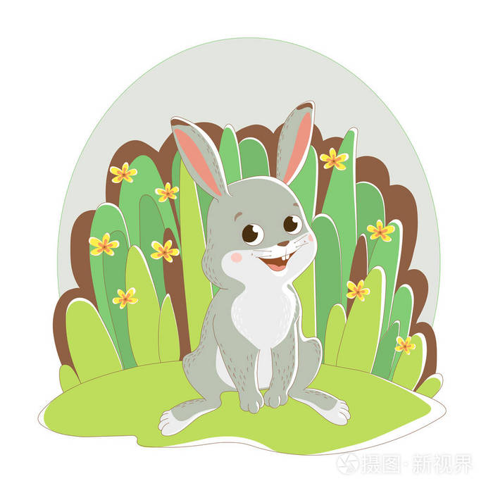 设有一只兔子坐在草地为背景用鲜花的插图