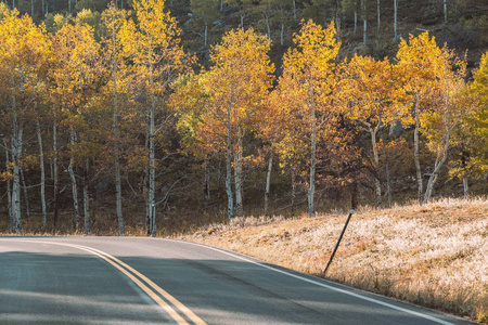 高速公路在秋天晴朗的天在落基山国家公园。科罗拉多, 美国