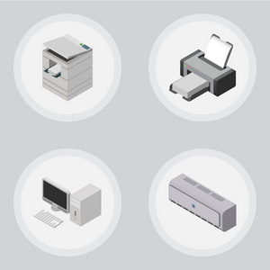 等距办公室设置的扫描仪，计算机，墙冷却器和其他矢量对象。此外包括打印，打印机，空气元素