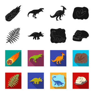 海恐龙, 三角, 史前植物, 人类头骨。恐龙和史前时期集收藏图标为黑色, flet 风格矢量符号股票插画网