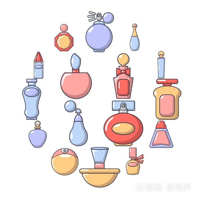 香水瓶的图标集,卡通风格