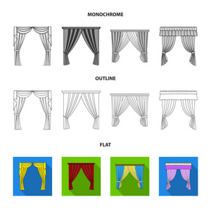 不同类型的窗帘。窗帘集合图标在平面, 轮廓, 单色风格矢量符号股票插画网站