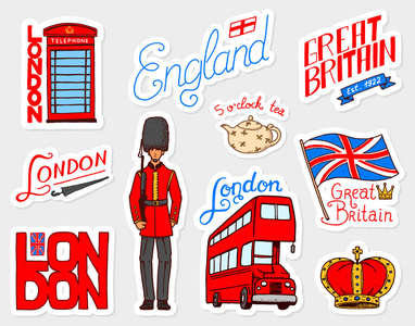 英国古董贴纸, 皇冠和皇后, 茶壶与茶, 巴士和皇家卫队, 伦敦。徽章, 邮票, 徽章。英国。乡村英国标签。八十年代九十年代的