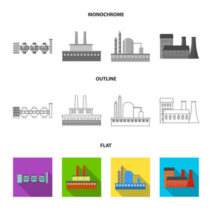 工业生产。工厂集合图标在平面, 轮廓, 单色样式矢量符号股票插画网站