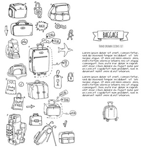 手绘涂鸦行李图标集。矢量图。不同类型的行李。大和小的手提箱，手提行李，背包，携带动物 板条箱，手袋，标记。素描卡通风格