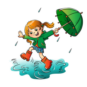快乐的女孩在雨中拿着绿伞跳图片