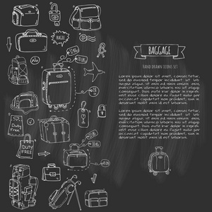 手绘涂鸦行李图标集。矢量图。不同类型的行李。大和小的手提箱，手提行李，背包，携带动物 板条箱，手袋，标记。素描卡通风格
