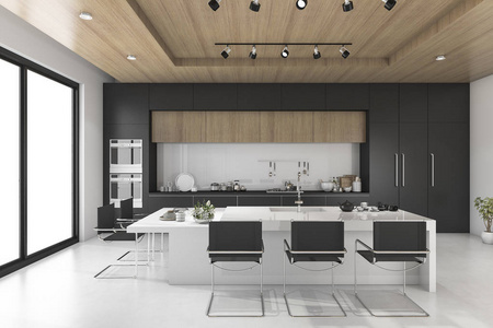 3d 渲染黑色厨房用木天花板
