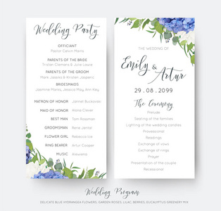 婚礼花卉婚宴和典礼方案贺卡设计与优雅的蓝色绣球花, 白色花园, 绿桉树, 丁香树枝, 绿叶和可爱的浆果。精致模板