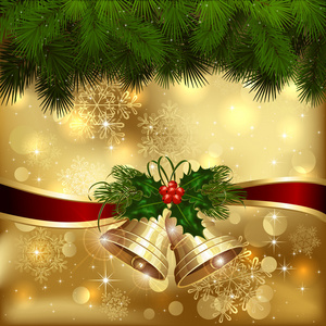 挂着铃铛的金色圣诞背景。