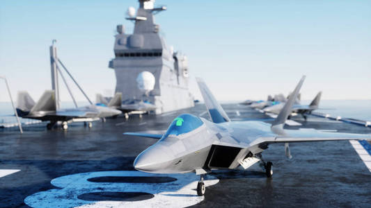 射流 f22 海,航空母舰上的战斗机海洋.战争和武器的概念.3d 渲染照片