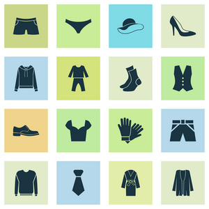 服装图标设置与运动衫, 手套, 短裤和其他领带元素。独立矢量插图礼服图标