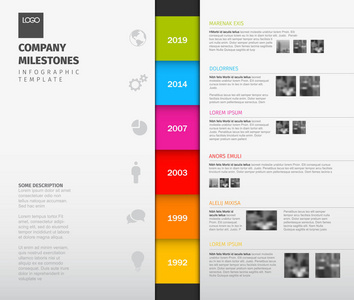 矢量彩色图表时间线报表模板, 带有颜色部分图标文本和照片垂直版本