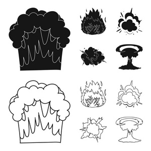 火焰, 火花, 氢气碎片, 原子或气体爆炸。爆炸集集合图标黑色, 轮廓样式矢量符号股票插画网站