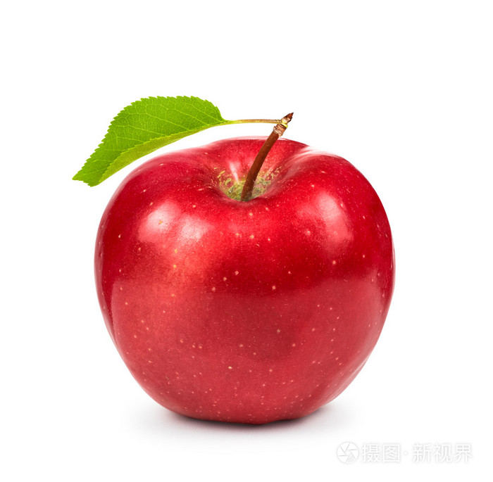 熟透的红苹果与孤立在白色背景上的绿色叶