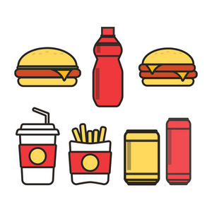快餐小吃和饮料平面矢量图标。快餐图标。s
