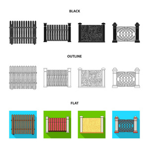 一块金属和砖块的栅栏, 木栅栏。一个不同的围栏集合图标在黑色, 平面, 轮廓样式矢量符号股票插画网站